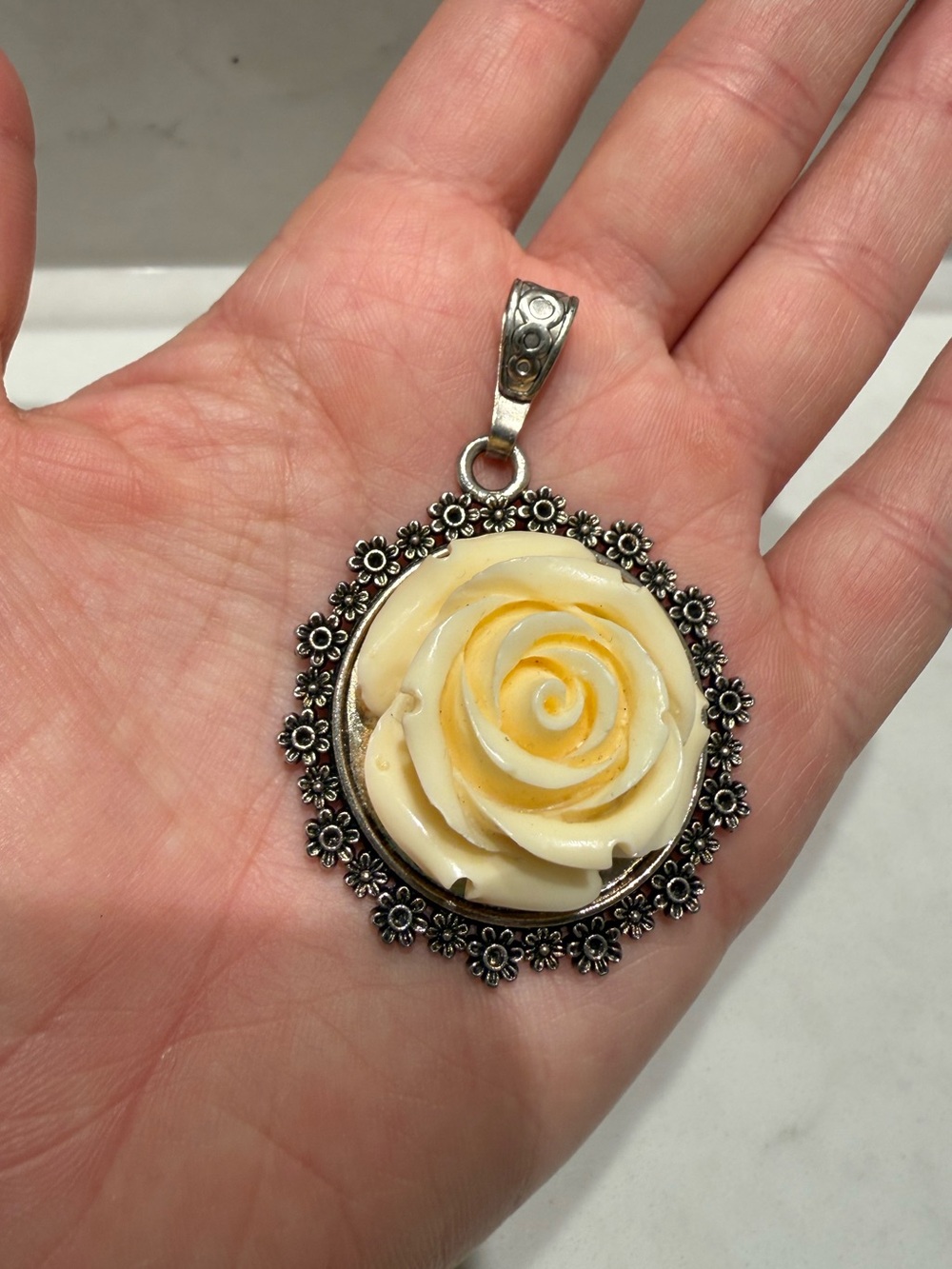 Vintage Silver Tone Pendant Charm With Lucite Rose